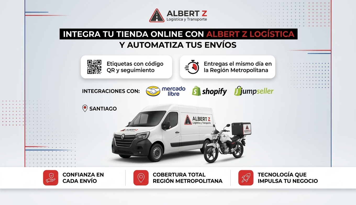 Integra tu tienda online con Albert Z Logística: etiquetas con QR, entregas el mismo día e integraciones con Mercado Libre, Shopify y Jumpseller.
